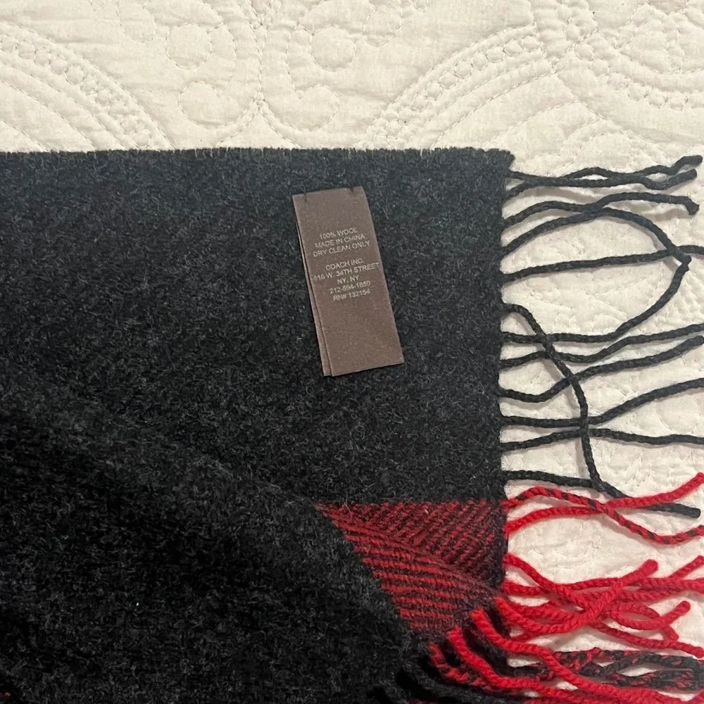 Coach Scarf‎ 100% Wool Knit Red Black Striped Preppy Fringe Logo Patch *FLAW